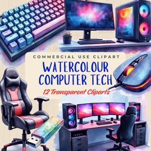 以下が含まれることがあります： 水彩イラストで、コンピューター技術の要素が描かれています。キーボード、モニター、マウス、コンピュータタワー、ゲーミングチェア、デスク、USBドライブが含まれています。「WATERCOLOUR COMPUTER TECH」と「12 Transparent Cliparts」というテキストがあります。