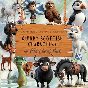 Può includere: Un'illustrazione digitale con una collezione di personaggi scozzesi stravaganti. L'immagine include un unicorno, un ragazzo in kilt, un'aquila, una pulcinella di mare, un cane, un cervo, un mostro di Loch Ness, un toro e un cavallo. Il testo recita "Quirky Scottish Characters 40 PNG Clipart Pack."