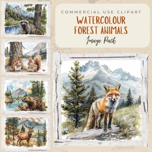 May include: Watercolor forest animal clipart image pack. Features illustrations of a raccoon, squirrels, a bear, a deer, and a fox in a natural forest setting with mountains and trees. The text "Commercial Use Clipart" and "Image Pack" are also visible.