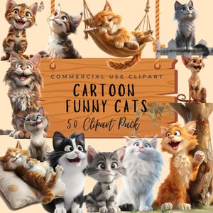 Könnte beinhalten: Eine Sammlung von Cartoon-Katzen in verschiedenen Posen, darunter eine Katze in einer Hängematte und Katzen mit fröhlichen Ausdrücken. Das Bild enthält ein Holzschild mit dem Text "CARTOON FUNNY CATS 50 Clipart Pack".