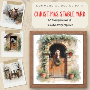 May include: A watercolour clipart set with a Christmas stable yard theme. The image includes a framed illustration of a horse in a stable, and three smaller images of donkeys and horses. Text on the image reads "CHRISTMAS STABLE YARD".