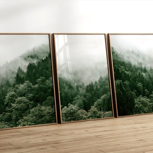 Wald Wand Kunst 3er-Set Prints. Grüner Wald Printable . Nebliger Wald Print . Nebliger Wald Naturdrucke . Druckbare Kunst