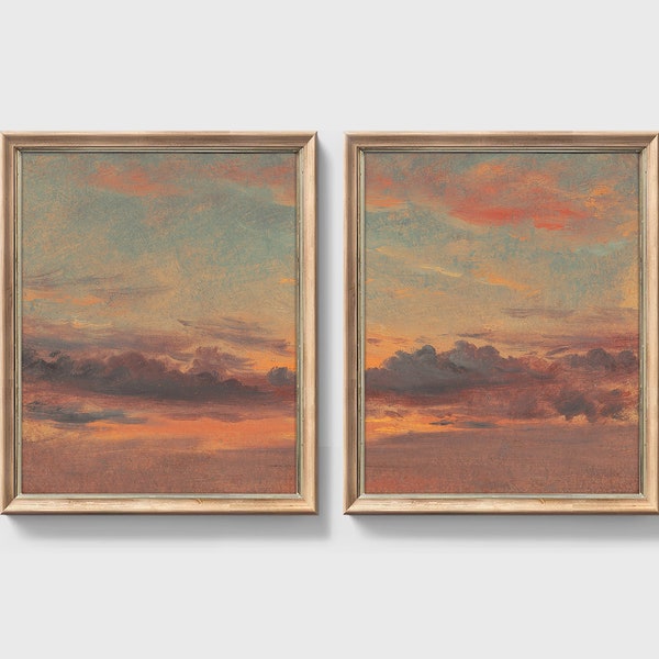 Sunset Clouds Prints . Cloud Painting Print Set of 2 . Red Clouds and Sky Vintage Art . Vintage Wall Art . Living Room Decor .