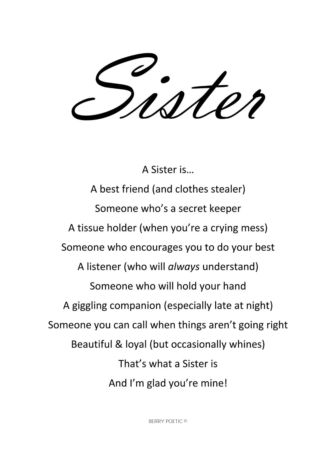 Sister Poem Print, Family Gift, Sister Love, Wall Art, Home Prints, Home Décor, Poem Print