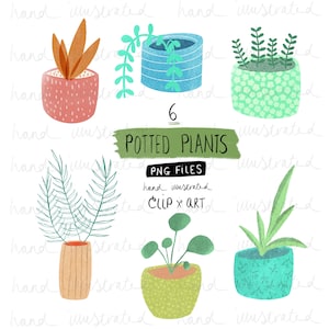 Clipart de plantes en pot, 6 images numériques illustrées à la main au format png avec un fond transparent, téléchargement numérique graphique