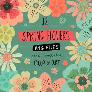 Clipart di fiori primaverili, 12 immagini digitali illustrate a mano in formato png con sfondo trasparente, grafica scaricabile digitalmente