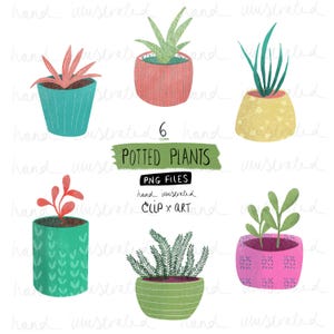 Clipart de plantes en pot, 6 images numériques illustrées à la main au format png avec un fond transparent, téléchargement numérique graphique