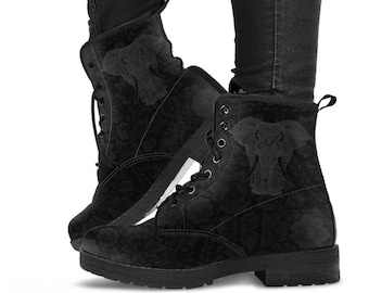 Bottes en cuir à fleurs éléphant, bottes pour femmes, bottes en cuir avec fausse fourrure pour femme et homme, cadeau bottes spirituelles, bottes noires, conception unique