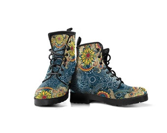 Fractal Mandala Women Boots Paisley Vegan Leather Boots for Women Combat Style Gift For Women Ankle Boots, Colorful Boots, Festival Boots