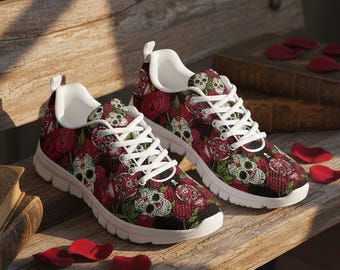 Zapatillas deportivas con calavera de azúcar y rosa: zapatillas de entrenamiento personalizadas