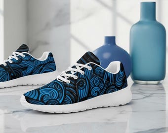 Blue Psychedelic Sneakers, Abstract Swirl Canvas Shoes, Custom Print Sport Low Tops