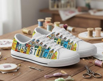 Cross Stitch License Plate Canvas Shoes: Custom Low Top Sneakers