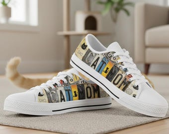 Cat Mom License Plate Women Gifts For Cat Lovers, Sneakers Tennis Canvas Shoes, Unique Design