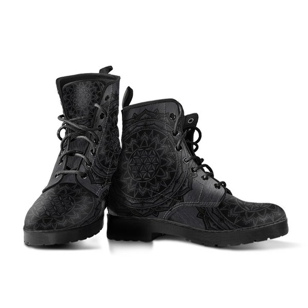 Flower Of Life Womens Boots, Vegan Leather Boots for Women Grey Boots For Men, Combat Style Gift For Women Unique Design