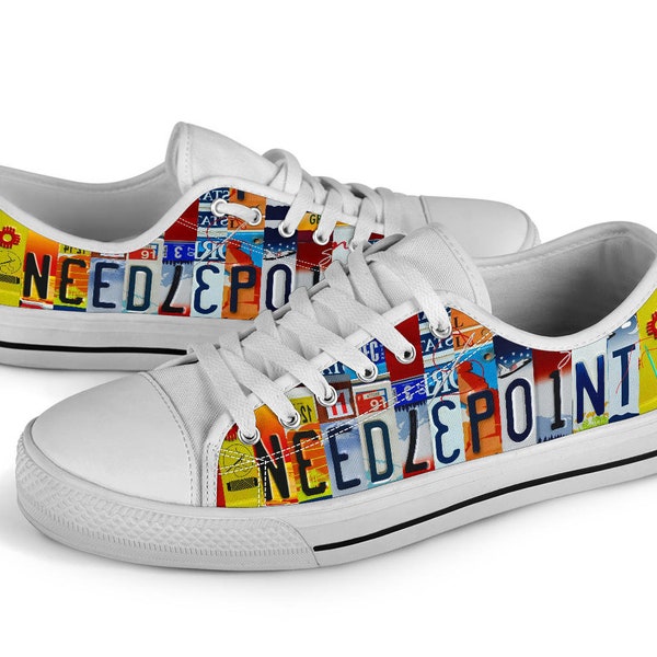 Needlepoint License Plate Shoes Low Top Shoes for Women Shoes For Men, Tennis Shoe for Her, Gift for Needlepoint Shoes Custom Sneakers
