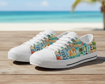 Beach Life License Plate Sneakers –  Low Top Canvas Shoes, Summer Vibes for Women & Men, Vacation Vibe Casual Sneakers