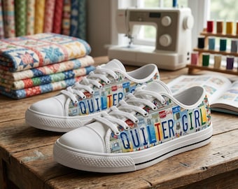 Quilter Girl License Plate Low-Top Canvas Shoes, Custom Quilting Sneakers Gift for Quilter