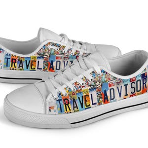 Travel Advisor Low Top Shoes License Plate Shoes for Women Tennis Shoe for Men Custom Shoe Colorful Shoes, White Tennis Custom Sneaker