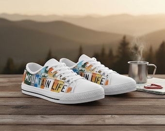 Mountain Life Canvas Shoes – License Plate Style Sneakers, Gift for Outdoor & Nature Lovers