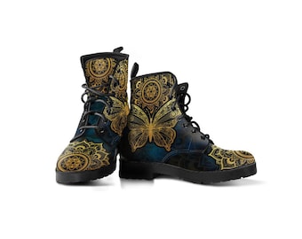 Butterfly Mandala Womens Boots Vegan Leather Boots for Women Combat Style Gift For Women Golden Boots