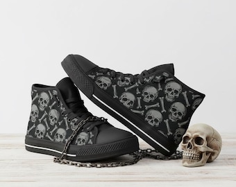 Skull & Bones High‑Top Custom Sneakers | Gothic Art Sneakers | Unique Festival Footwear