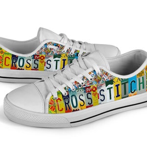 Cross Stitch License Plate Canvas Shoes: Custom Low Top Sneakers image 2