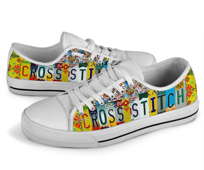 Cross Stitch License Plate Canvas Shoes: Custom Low Top Sneakers image 2