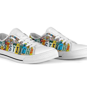Cross Stitch License Plate Canvas Shoes: Custom Low Top Sneakers image 4