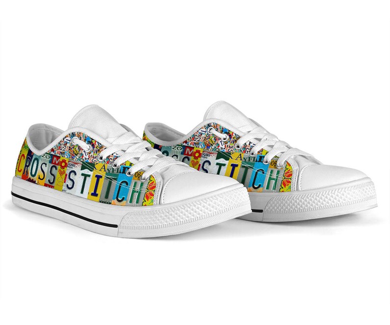 Cross Stitch License Plate Canvas Shoes: Custom Low Top Sneakers image 4