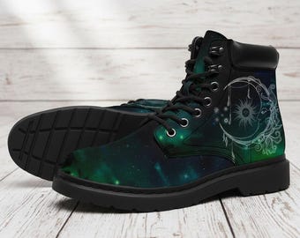 Sun & Moon Vegan Leather Boots: All-Weather Celestial Design