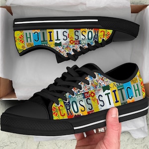 Cross Stitch License Plate Canvas Shoes: Custom Low Top Sneakers image 7