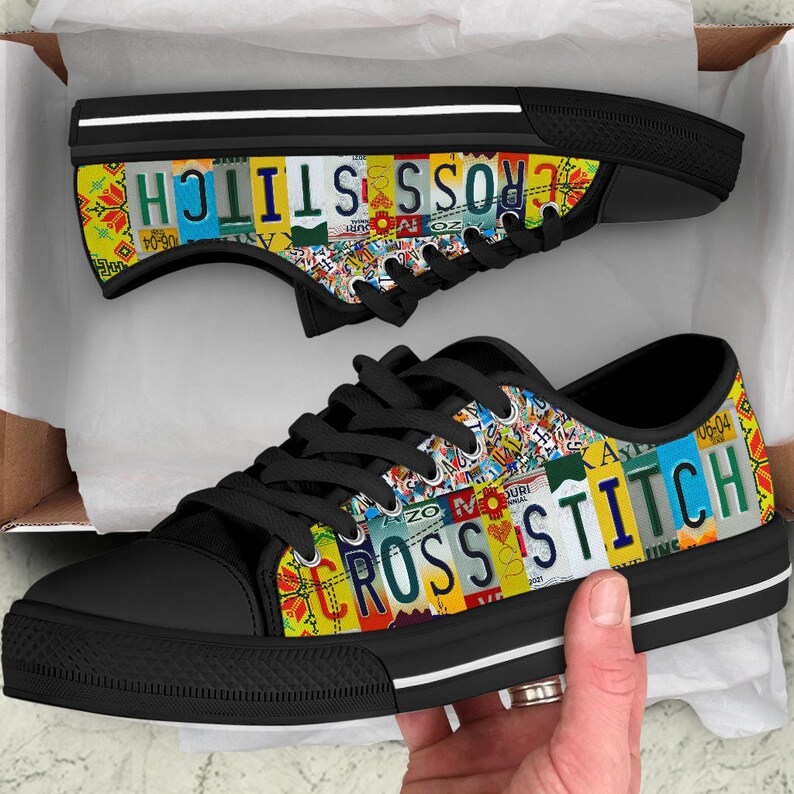 Cross Stitch License Plate Canvas Shoes: Custom Low Top Sneakers image 7