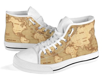 World Map High Tops for Women Canvas Shoes for Men Map Shoes Traveling Shoes Gift for Traveler Custom High Tops Unique Design