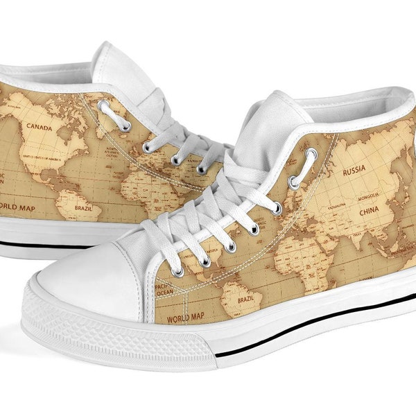 World Map High Tops for Women Canvas Shoes for Men Map Shoes Traveling Shoes Gift for Traveler Custom High Tops Unique Design