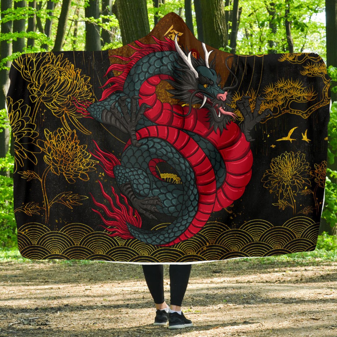 Chinese Dragon Rose Pattern Print Hooded Blanket