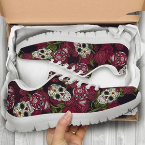 Sugar Skull Sneakers, Roses Running Shoes, Training Shoes, Custom Shoes, Custom Sneakers, Casual Shoes, Mens, Womens, Unique Gift