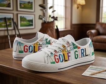 Golf Girl Sneakers – Colorful License Plate Style Shoes for Women – Unique Golf Lover Gift