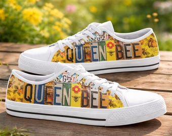Queen Bee Canvas Sneakers – Custom Handcrafted Women’s Low-Top Shoes with Floral & Bee Art, Gift for Her