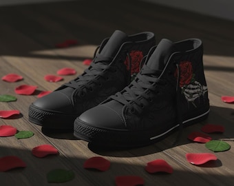Skull Hand Rose High Top Sneakers - Gothic Canvas Shoes