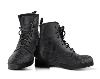 Sun And Moon Mandala Women's Boots Grey Fur Vegan Leather Boots for Women Combat Style Man Gift Spiritual Boots, Unique Vegan Boots