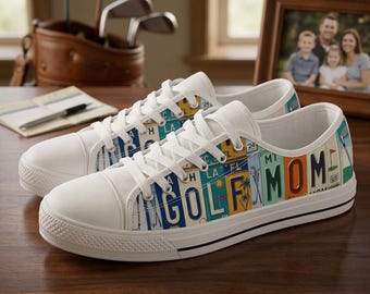 Golf Mom Sneakers – Colorful License Plate Style Low Tops for Women