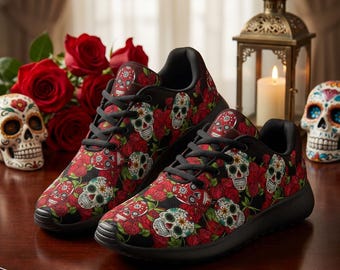 Skull and Roses Sneakers - Day of the Dead Shoes, Custom Running Canvas Shoes