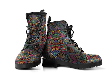 Colorful Lotus Boots Womens, Vegan Leather Boots for Women Combat Style Gift For Women Custom Boots