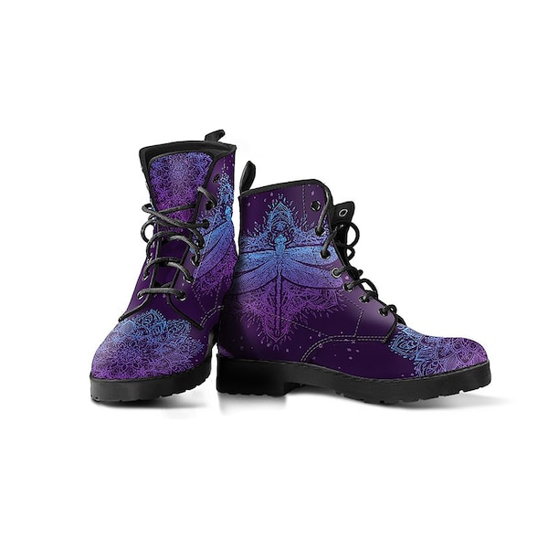 Purple Dragonfly Mandala Women Boots Vegan Leather Boots for Women Combat Style Gift For Women