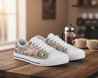 Coffee Queen License Plate Sneakers – White Low Top Canvas Shoes for Coffee Lovers, Barista Gift