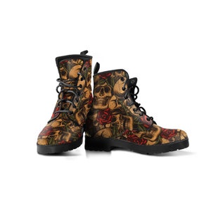 Skull And Roses Womens Boots Vegan Leather Boots for Women Combat Style Gift For Women