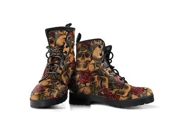 Skull And Roses Womens Boots Vegan Leather Boots for Women Combat Style Gift For Women