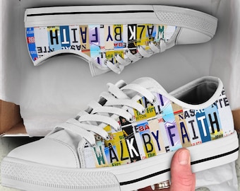 Walk By Faith Low Top Shoes License Plate Shoes for Womens Tennis Shoe for Mens Custom Shoe Colorful Shoes, White Tennis Custom Sneaker