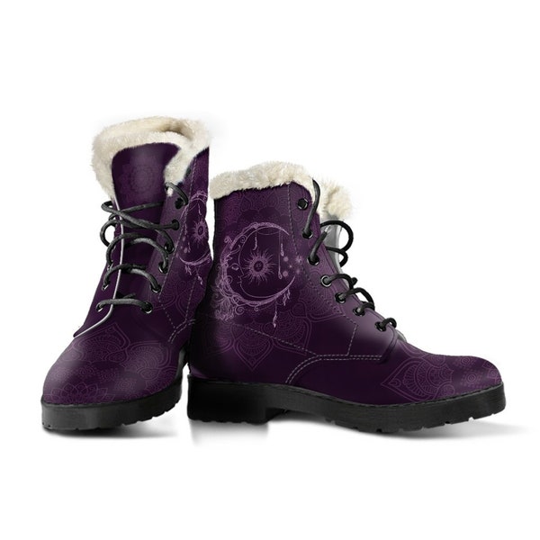 Sun And Moon Mandala Purple Women's Boots Fur Vegan Leather Boots for Women Combat Style Man Gift Spiritual Boots, Unique Vegan Boots