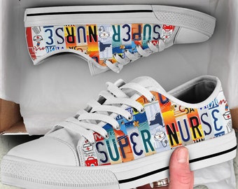 Super Nurse Shoes License Plate Shoes for Womens Gift For Nurse Tennis Shoe for Mens Custom Shoe Colorful Shoes White Tennis Custom Sneaker